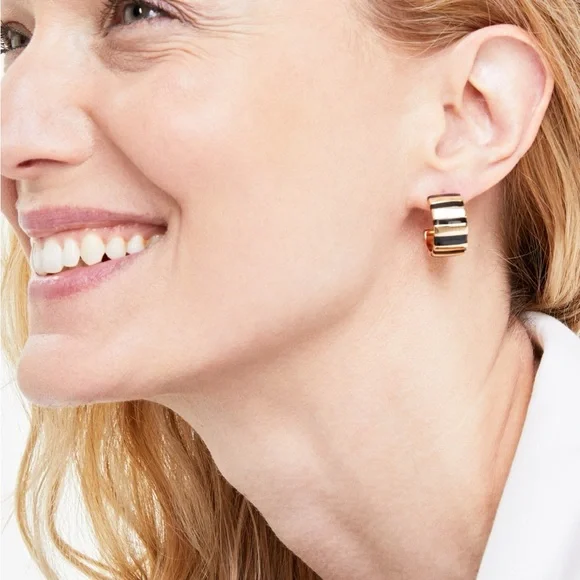 Gold and Green Striped Hoop Earrings - Picture 3 of 3